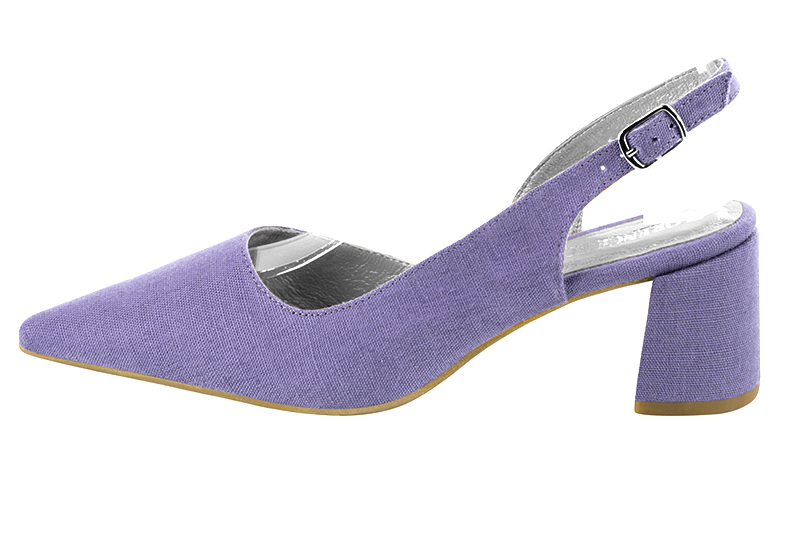 Lavender purple women's slingback shoes. Pointed toe. Medium flare heels. Profile view - Florence KOOIJMAN